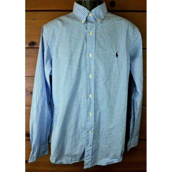 Ralph Lauren Mens Blue Gingham Check Button-Down Shirt Large - Picture 1 of 6